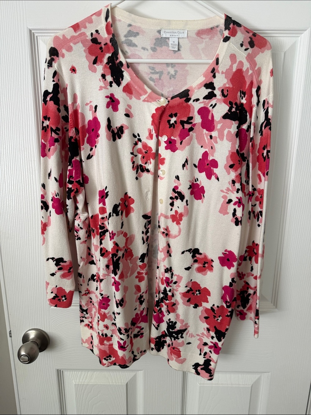 Charter Club Cream Floral Button-Front Cardigan with Pink & Black Accents